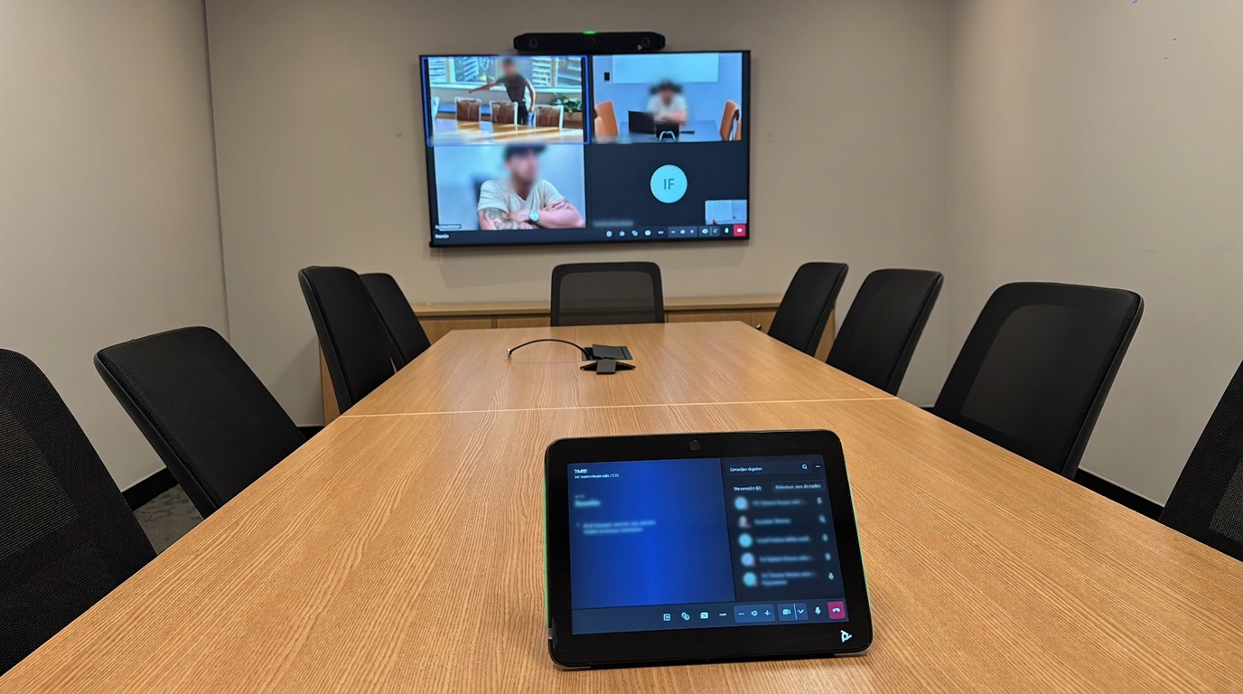 Sala executiva com controle touch sobre a mesa e chamada de vídeo anonimizada ao fundo