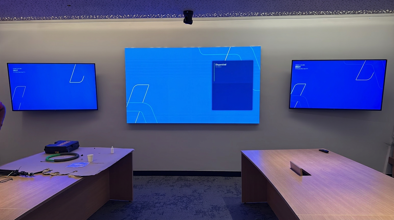 Ambiente corporativo com painel de LED central e dois displays auxiliares alinhados
