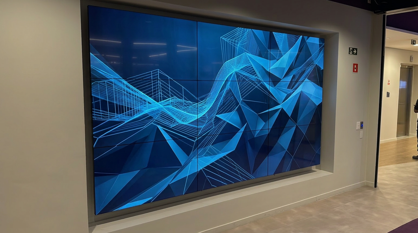 Videowall três por três embutido em parede corporativa