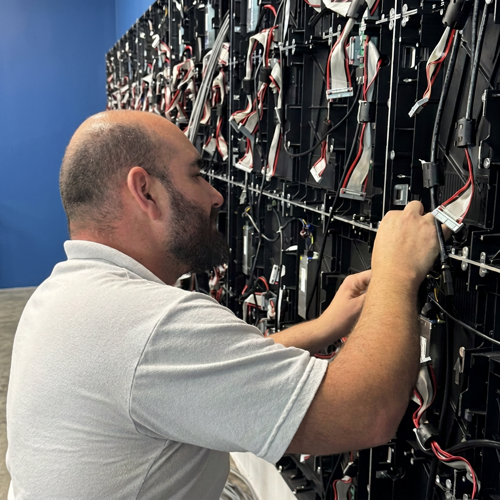 Especialista técnico da 3AV atuando na traseira de um painel de LED